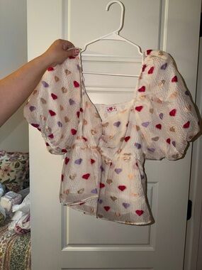 Buddy Love Cream Puff Sleeve Top with Red, Purple & Gold Hearts